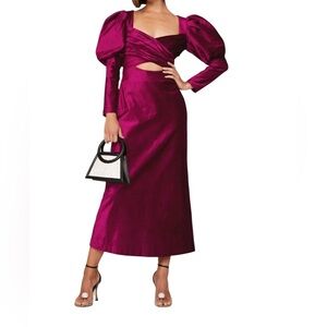 Alémais Rosario Puff Sleeve Velvet Midi Dress Fuschia